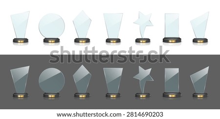 Glass award trophy set. Crystal winner prizes. Acrylic winner cups. Realistic vector illustration collection of trophy for sport competition, business achievement, recognition, celebration ceremony.
