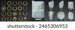 Glass award trophy set. Transparent prize template. Winner first place concept. Vector illustration. Winner glass trophy. First place award, crystal prize and signed acrylic trophies. Glass awarding t