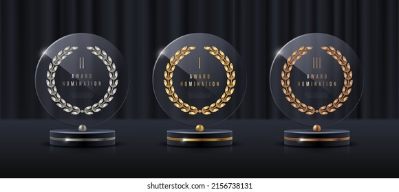 Glass award trophy set. Transparent prize template with golden laurel wreath. Winner first place concept. Vector illustration.