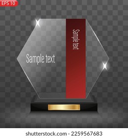 Trophäenset aus Glas Transparente Preisvorlage. Vektorgrafik.Sieger Podiumsplatte mit Spiegelreflexion. Der erste Preis, der Kristallpreis und die unterzeichneten Acryltrophäen.