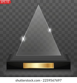 Glass award trophy set. Transparent prize template. Vector illustration.Winner podium plate with mirror reflection. First place award, crystal prize and signed acrylic trophies.