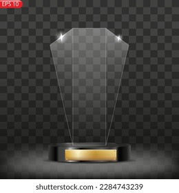 Glass award trophy set. Transparent prize template. Winner first place concept. Vector illustration.