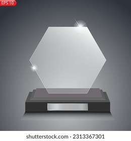 Glass award trophy set. Transparent prize template. Winner first place concept. Vector illustration EPS10