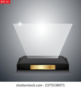 Juego de trofeos de premio de vidrio. Plantilla de premio transparente. El concepto de ganador es el primer lugar. Ilustración vectorial.