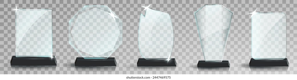 Glas-Award-Trophäen-Set. Transparente Vorlage der Preise. Das Konzept des Siegers. Vektorillustration. Gewinner der Glastrophäe. Erster Platz, Kristallpreis und signierte Acryltrophäen. Glas verleiht