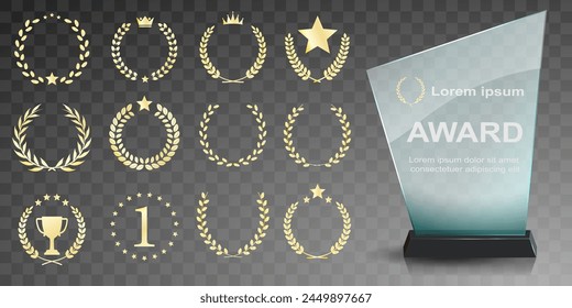 Glass award trophy set. Transparent prize template. Winner first place concept. Vector illustration. Winner glass trophy. First place award, crystal prize and signed acrylic trophies. Glass awarding t