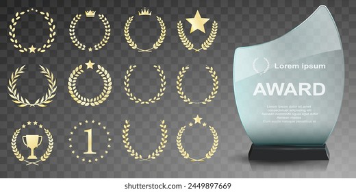 Glass award trophy set. Transparent prize template. Winner first place concept. Vector illustration. Winner glass trophy. First place award, crystal prize and signed acrylic trophies. Glass awarding t