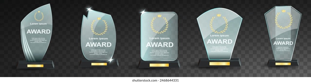 Juego de trofeos de premio de cristal. Plantilla transparente del premio. Concepto de primer lugar ganador. Ilustración vectorial. Trofeo de cristal ganador. Primer premio, premio de cristal y trofeos de acrílico firmados. Vidrio que lo concede
