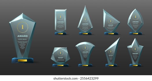Glass award trophy set. Transparent prize template. Winner first place concept