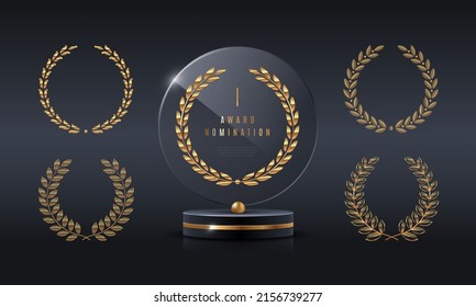 Glass award trophy set.Transparent prize template with golden laurel wreath. Winner first place concept. Vector illustration.