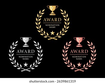 Glass award trophy set.Transparent prize template with golden laurel wreath. Winner first place concept. Vector illustration