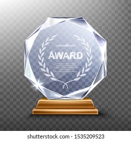 Glass Award Trophy Or Winner Prize Realistic Vector Illustration. Transparent Crystal Plate Or Acrylic Diamond Frame With Laurel Wreath On Wooden Pedestal, Isolared Front View With Light And Shadow