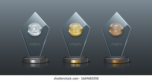 Glass awards realistic vector illustration. Crystal prizes with blank golden, silver and bronze medals 3D isolated clipart set on gray background. Competition winner rewards. Trophy design elements