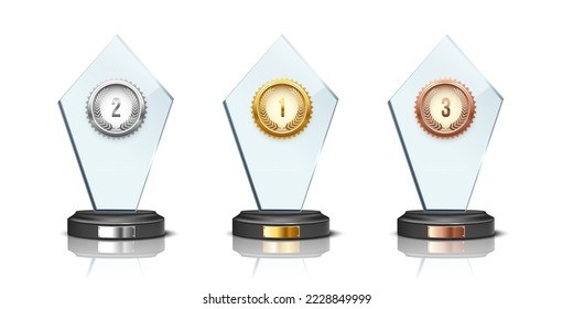 Glass awards realistic vector illustration. Crystal prizes with golden, silver and bronze medals 3D isolated clipart set on white background. Competition winner rewards. Trophy design elements.
