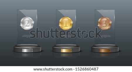Glass awards realistic vector illustration. Crystal prizes with blank golden, silver and bronze medals 3D isolated clipart set on gray background. Competition winner rewards. Trophy design elements