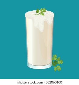 Glass of ayran with dill and parsley herbs isolated. Doogh or Tan cold yogurt beverage mixed with salt. Refreshing drink made by mixing yogurt with iced water realistic vector illustration