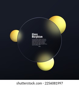 Glass background design. Transparent round glass disc with colorful spheres on a black background.