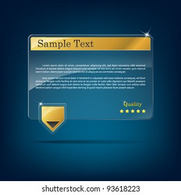 Glass background. Luxury speech bubble with golden header and marker.