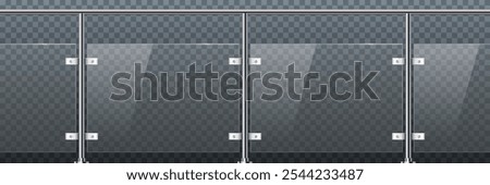 Glass balcony rail isolated on transparent background. Plexiglass fence with banisters on metal poles. Vector realistic 3D illustration of plastic barrier, stairs balustrade for interior design.