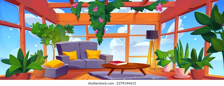 Glass balcony or terrace in house with garden illustration. Patio room interior with lounge furniture, pot, plants and flower. Sunny day in studio apartment with window. Book on table near couch