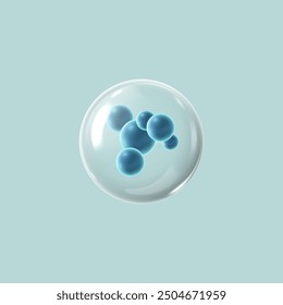 Glass ball. 3D vector illustration of a transparent sphere containing a molecule isolated on a blue background. Suitable for design projects and images of collagen bubble or protective barrier.