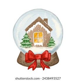 Bola de cristal, oro de Navidad con nieve y casa de invierno en el interior, ilustración de acuarela de vector de árbol