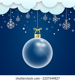 Glass ball Christmas on blue background. Merry Christmas and happy new year with a glass ball and snowflakes Christmas blue background. Christmas and new year background holidays. Vector illustration