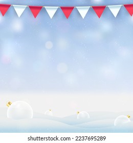 Glass ball Christmas on blue background. Merry Christmas and happy new year with a glass ball and flag party Christmas blue background. Christmas and new year background holidays. Vector illustration