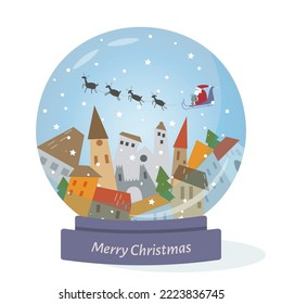 Glass ball with a Christmas scene. Santa claus flies over the cities in a sleigh with reindeer. Merry Christmas and happy new year. Vector illustration.