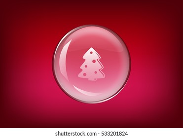 Glass ball with Christmas tree inside on red background