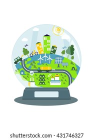 Glass ball with a conceptual image of the good environmental. Objects isolated on a white background. Flat vector illustration.