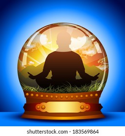 Glass ball with meditation concept. Vector illustration.