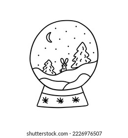 Glass ball with night forest, snowing, Christmas trees and crescent. Bunny peeking out of snowdrift. Black and white vector isolated illustration hand drawn doodle. Festive winter season present