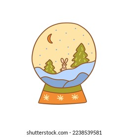 Glass ball with night forest, snowing, Christmas trees and crescent. Bunny peeking out of snowdrift. Colorful vector isolated illustration hand drawn doodle. Festive winter season present card