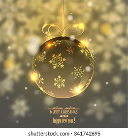 glass ball on blurred background with snowflakes, vector