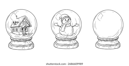 Bola de vidro em um suporte, esboço. Ilustração vetorial. Conjunto de bolas de Natal com uma casa, boneco de neve e neve, isolado no fundo branco. Conceito para presentes de Ano Novo, cartões, convites e têxteis