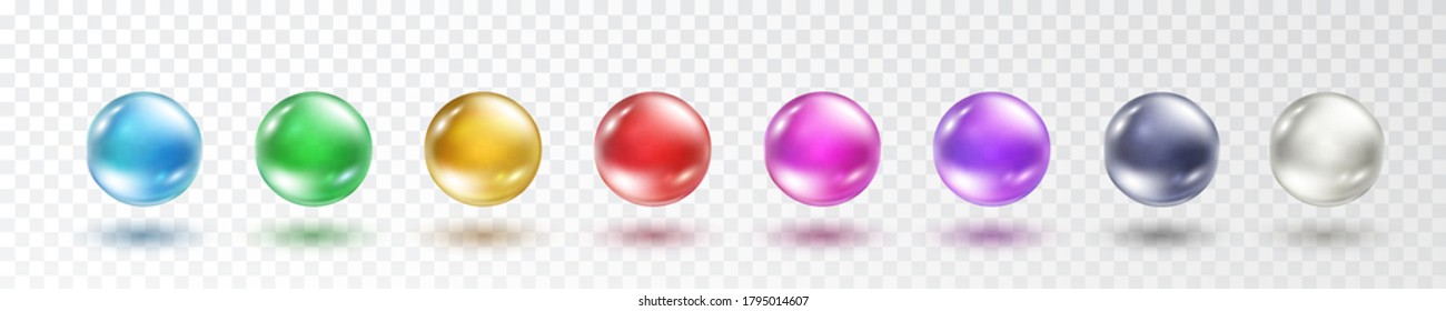 Glass ball set isolated on transparent background. Realistic gold and colorful orbs, oil collagen, 3d gel spheres. Vector water bubbles or round pills with shadows