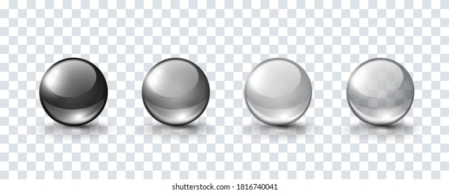 Glass ball set isolated on transparent background. Black, gray and translucent orbs,  3d spheres. Vector bubbles or round buttons with shadows