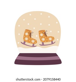 Glass ball with skates with a snowflakes. Winter present, ice skating. Colorful vector illustration hand drawn isolated