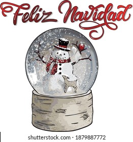 GLASS BALL WITH SNOW AND CHRISTMAS SCENE WITH SNOWMAN WITH HAT AND RED SCARF. HAND LETTERING HAPPY CHRISTMAS IN SPANISH. VECTOR ILLUSTRATION