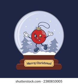 Glass ball with snow. Merry Christmas ball is skating. Cute character in old retro cartoon style. Vintage holiday vector illustration for sticker, poster, design elements.