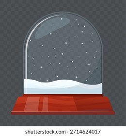 Glass ball with snowfall inside on transparent background. Christmas toy. Crystal snowglobe. Winter snow in empty clear round dome on stand. Holiday celebration gift. Vector isolated Xmas souvenir
