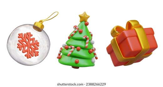 Glass ball with snowflake inside, Christmas tree with toys and gift box. Composition of festive elements for Christmas and new year banners. Vector illustration in 3d style