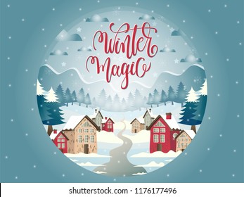 Glass ball with snowy village and Marry Christmas landscape.