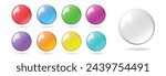 Glass ball sphere color vector realistic set graphic 3d illustration, red yellow round shiny glossy magic crystal, light glow circle game orb green blue purple orange, transparent drop button image