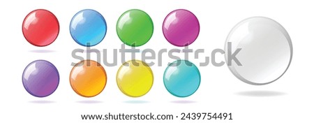 Glass ball sphere color vector realistic set graphic 3d illustration, red yellow round shiny glossy magic crystal, light glow circle game orb green blue purple orange, transparent drop button image