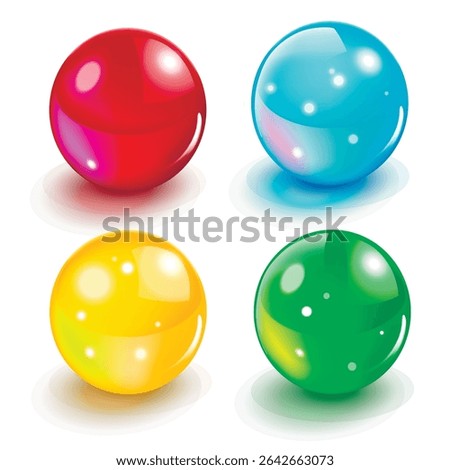 Glass ball sphere color vector realistic set graphic 3d illustration, red yellow round shiny glossy magic crystal, light glow circle game orb green blue purple orange, transparent drop button image