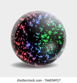 Glass ball in which flies a flock of rainbow butterflies