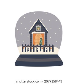 Glass ball with winter houses and snow inside. Decorated Christmas tree is visible in window, garlands are shining. Lanterns and stars hang on  fence. Colorful vector illustration hand drawn isolated
