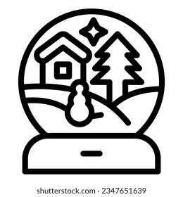 Glass ball with winter landscape line icon, Christmas concept, snow globe with snowy Christmas house sign on white background, Glass ball icon outline style. Vector graphics.